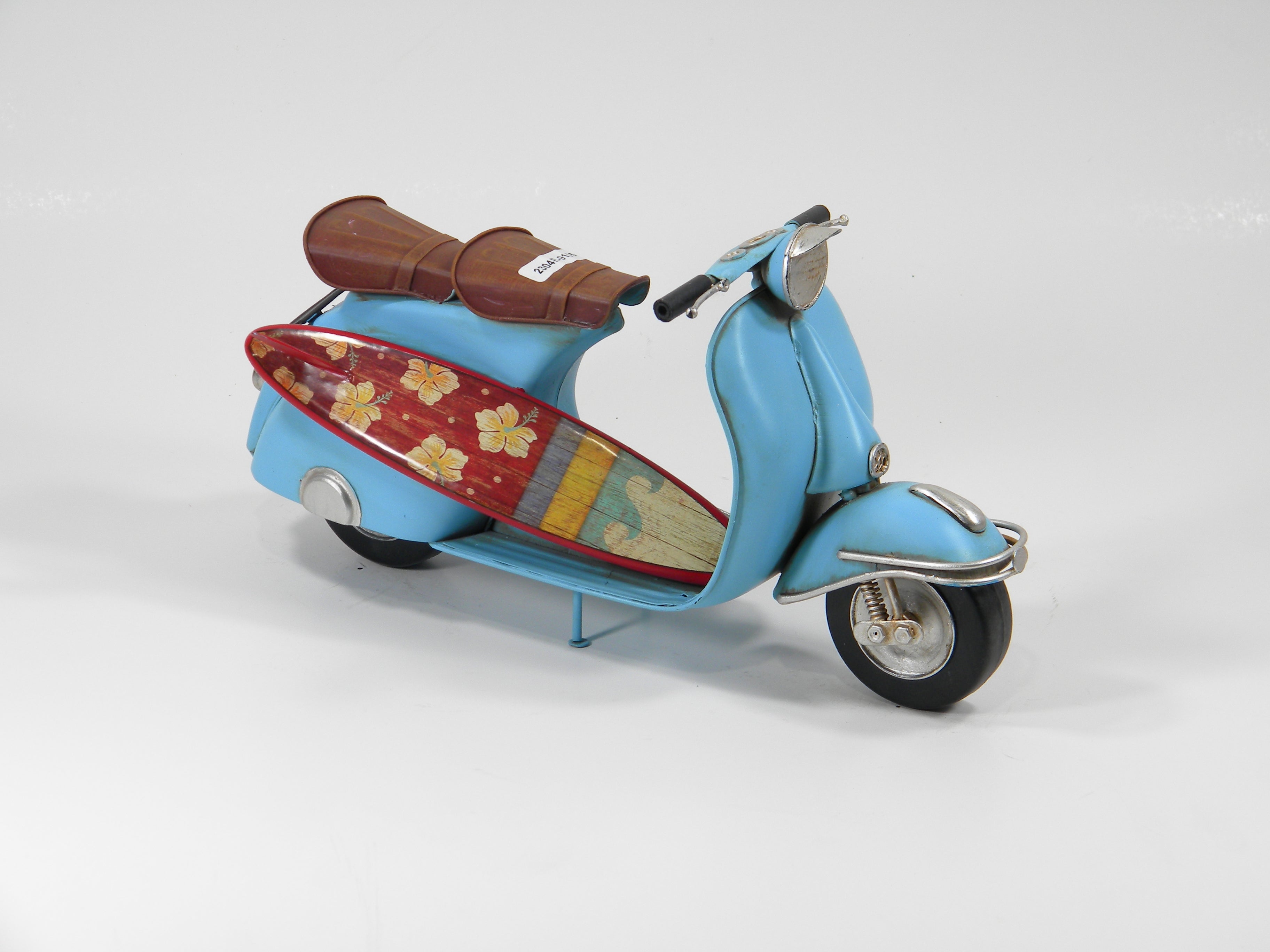 Aqua Blue Vintage Metal Scooter with Surfboard – Retro Decor Model