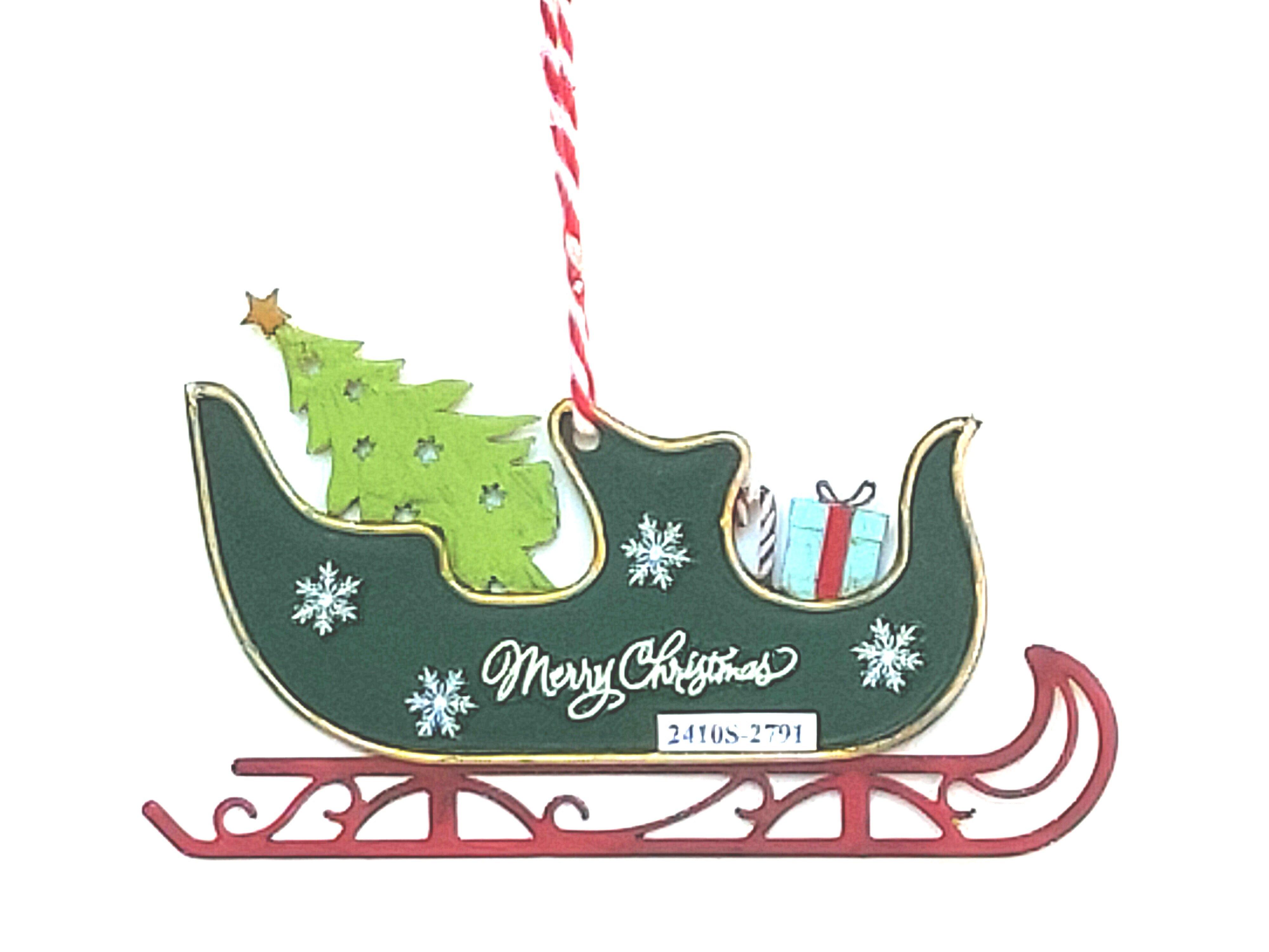 Vintage Metal Sleigh Christmas Tree Ornament – Green & Red