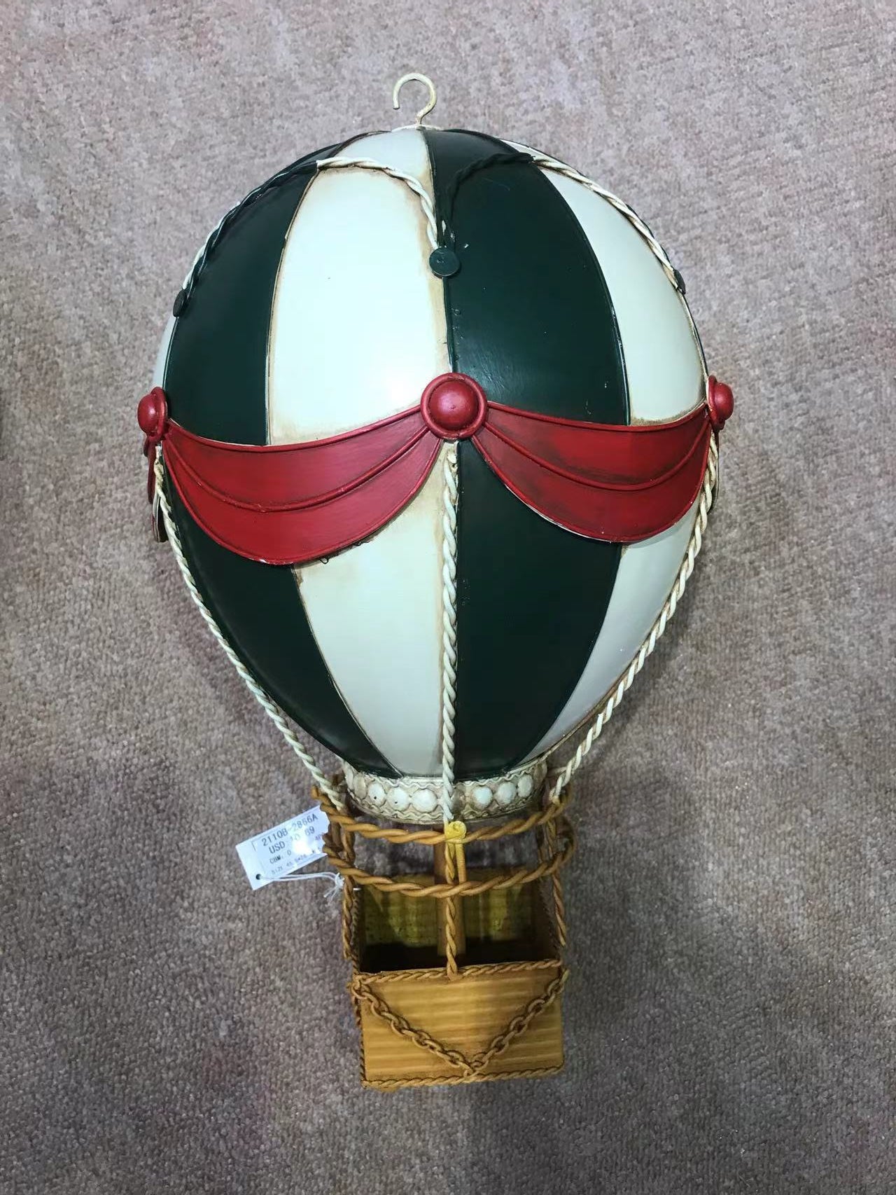 Handmade Large Vintage Hot Air Balloon Metal Ornament – Red, Green & Cream