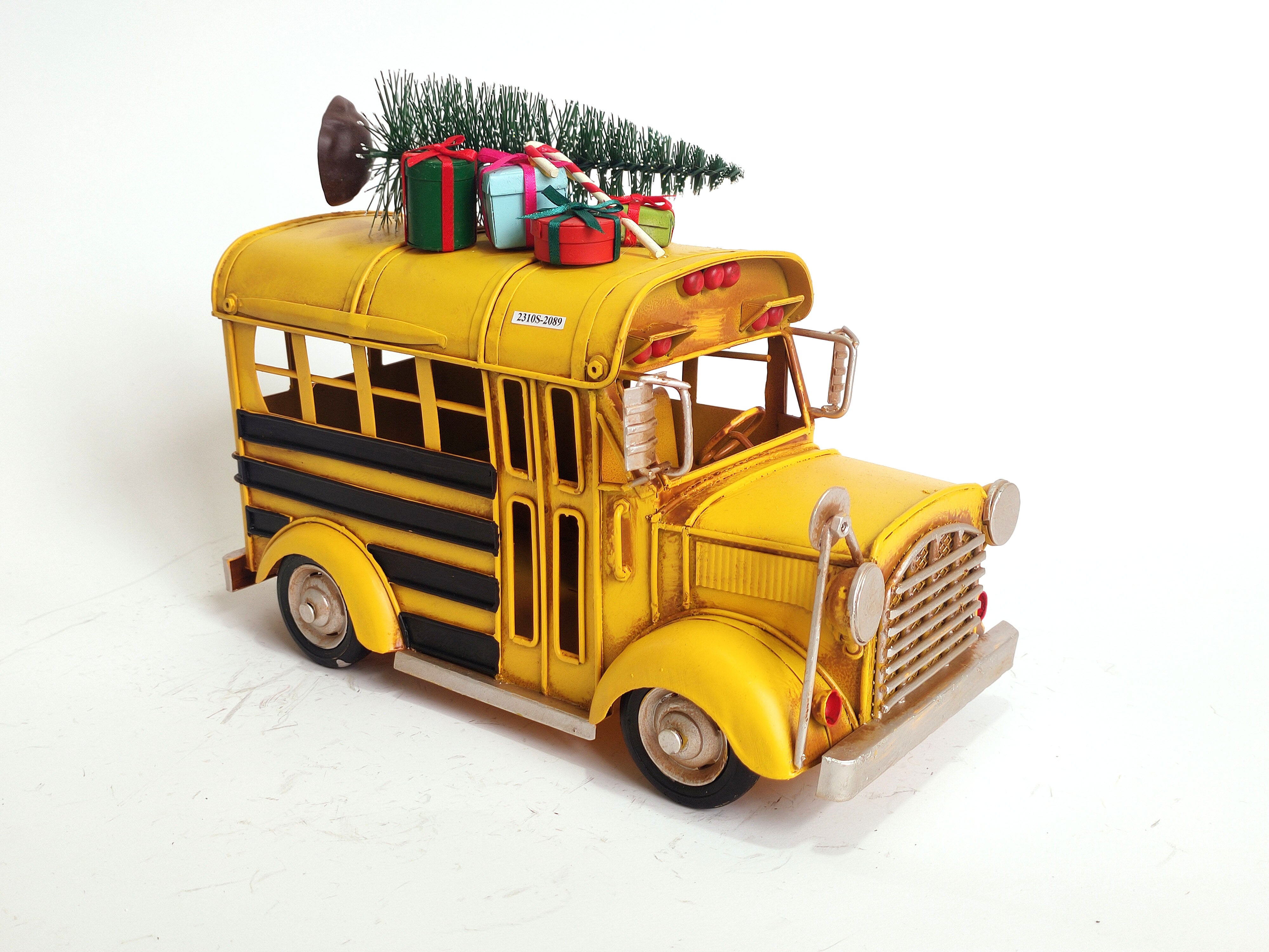 Handmade Metal School Bus with Christmas Decorations