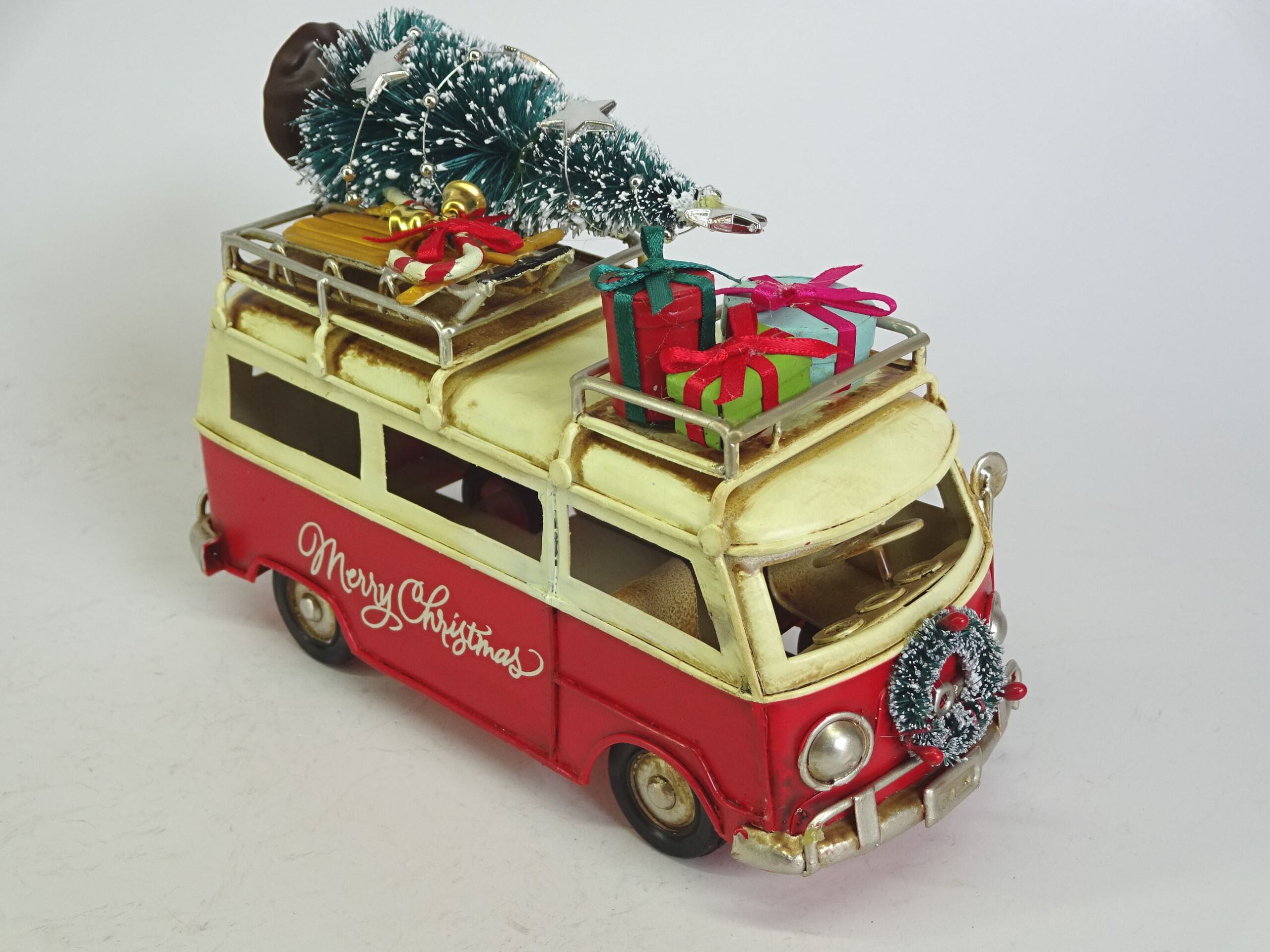 Large Vintage Metal Bus with Tree on Top Christmas Decoration Red & Blue