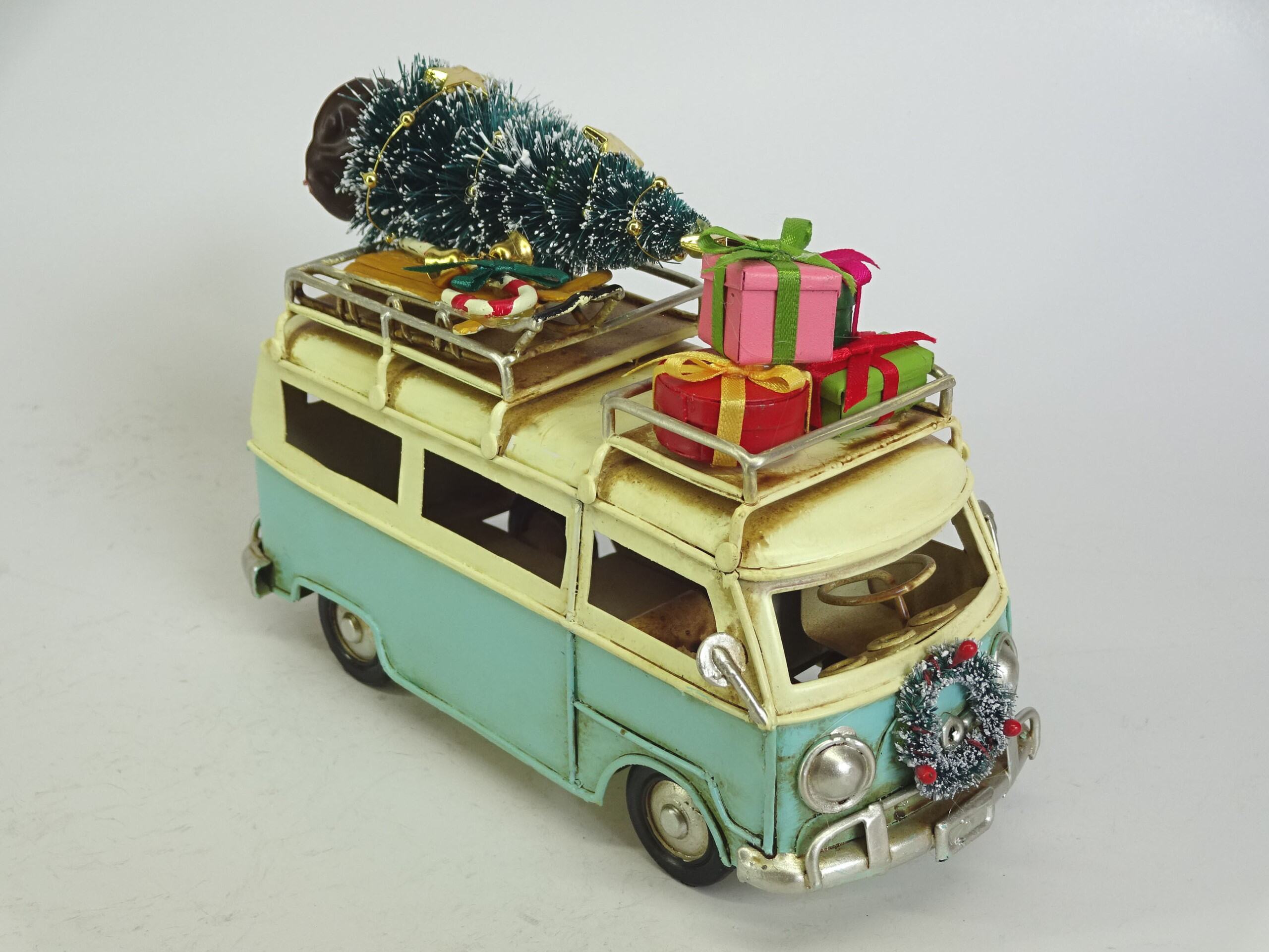 Large Vintage Metal Bus with Tree on Top Christmas Decoration Red & Blue