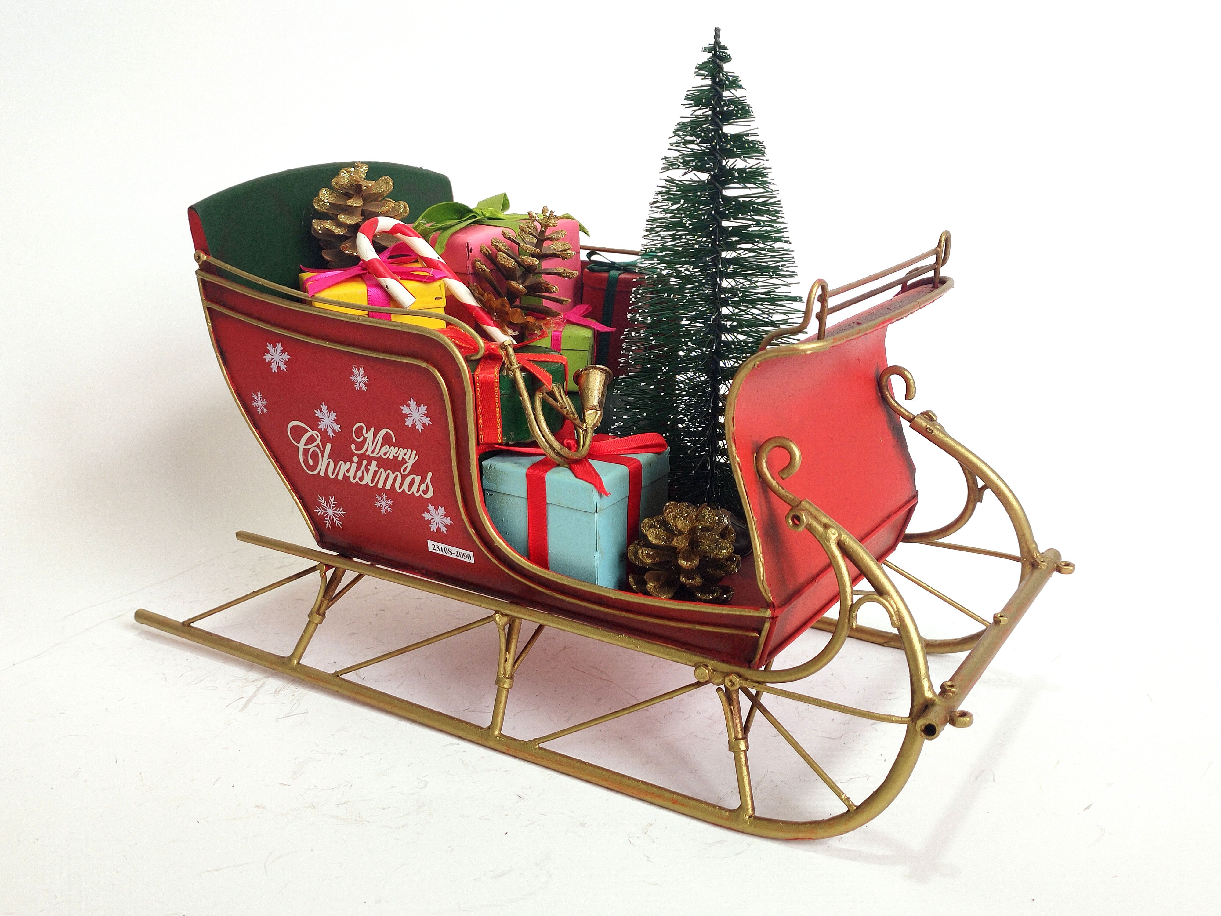 Large Vintage Metal Santa's Sleigh with Tree and Presents - Christmas Decoration - Red & Green