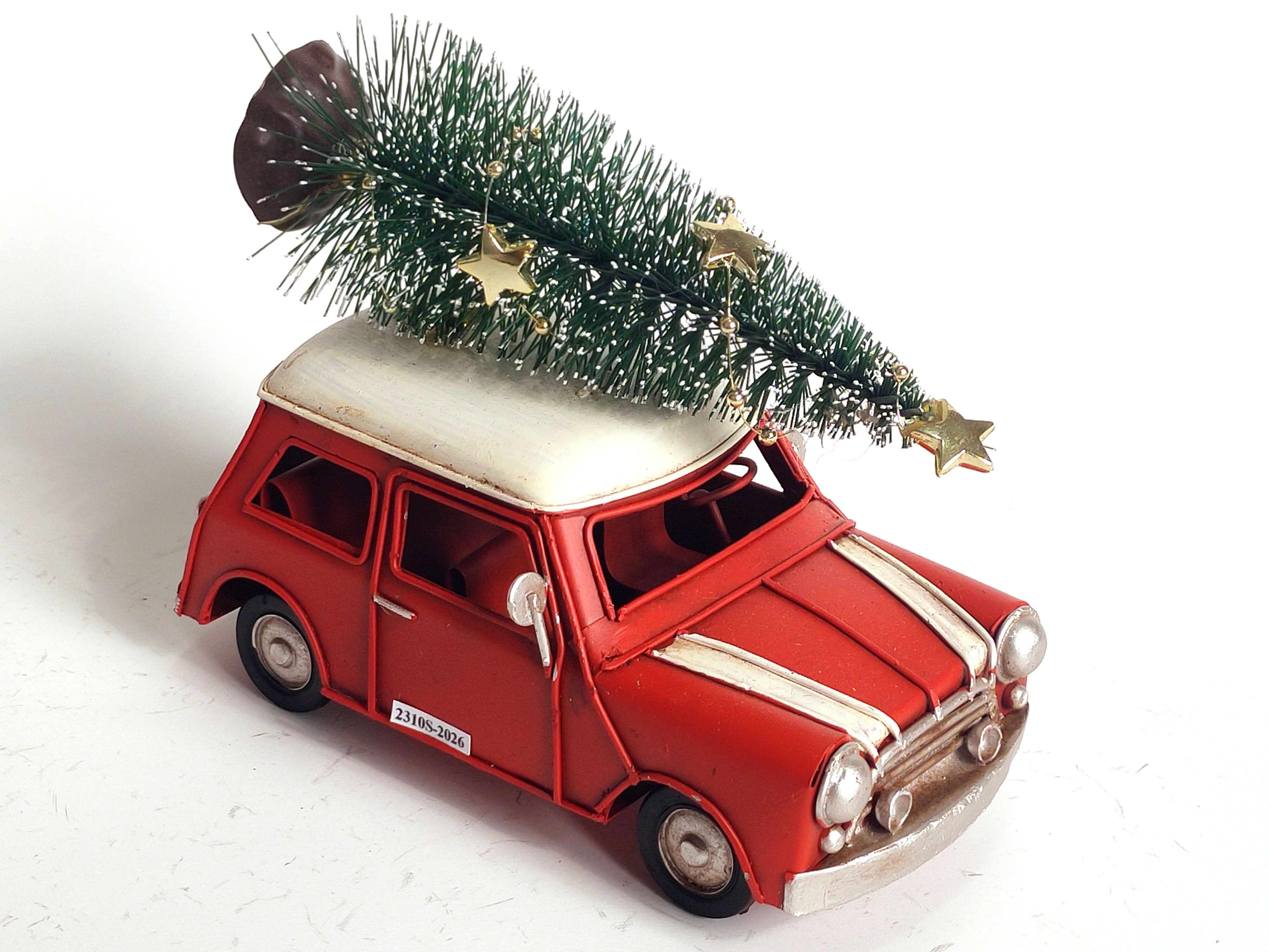 Red Vintage Christmas Car with Tree | Metal Holiday Decoration