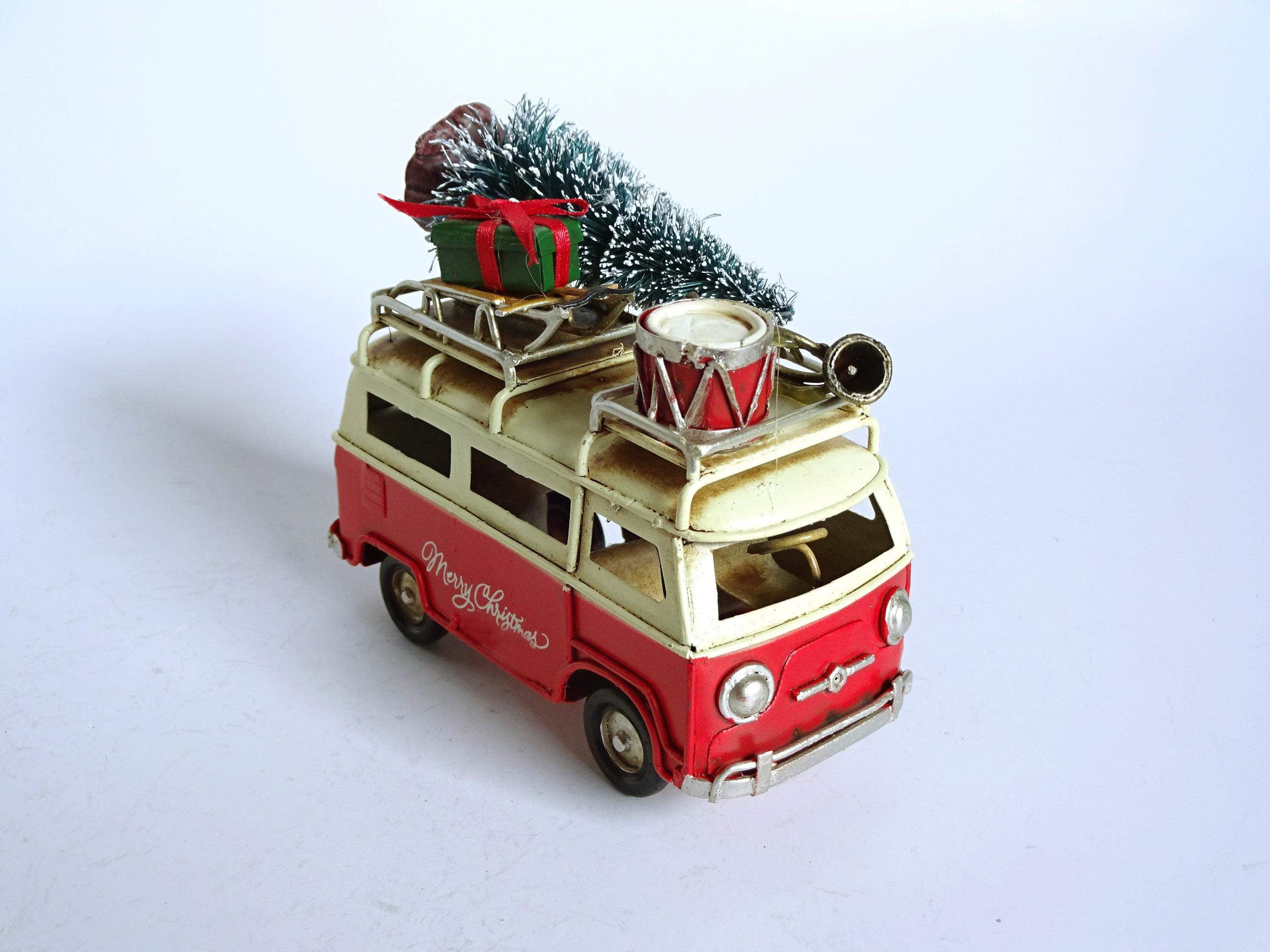 Small Vintage Metal Bus with Tree on Top Christmas Decoration Red & Blue