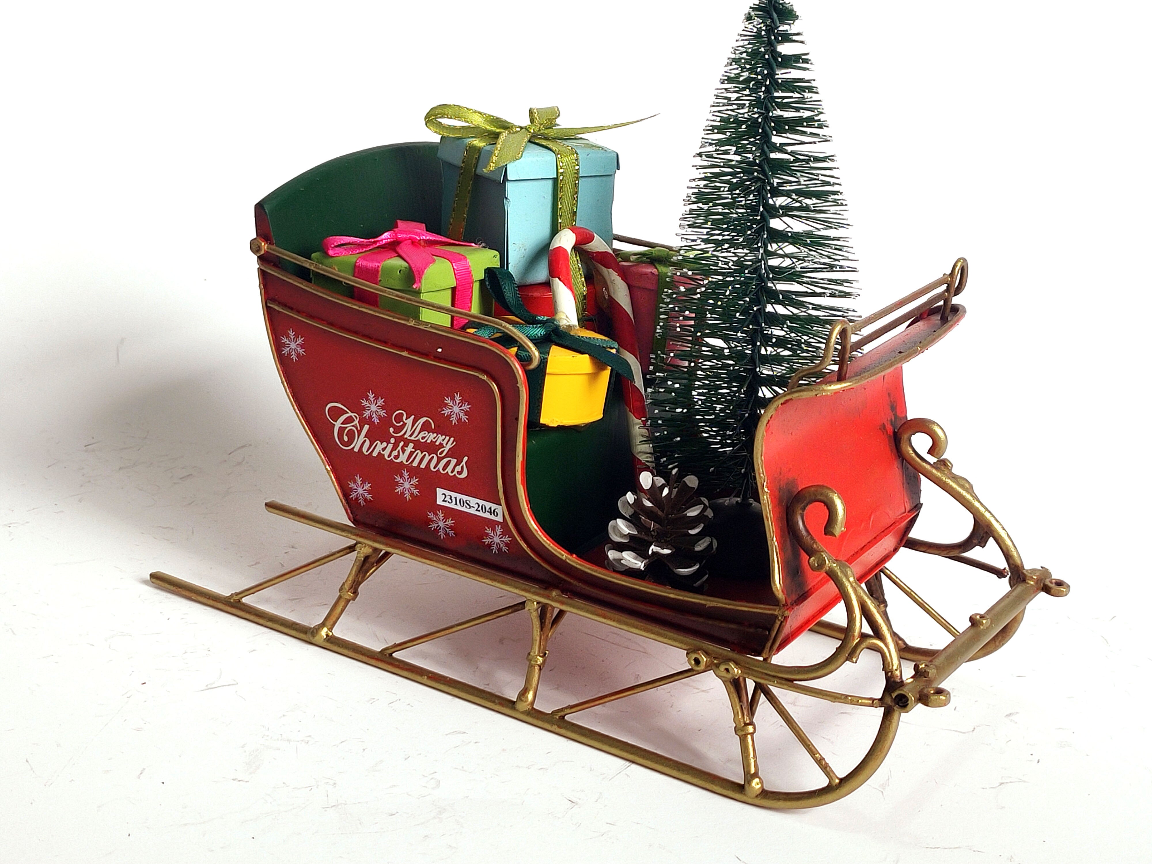 Small Vintage Metal Santa's Sleigh with Tree and Presents - Christmas Decoration - Red & Green