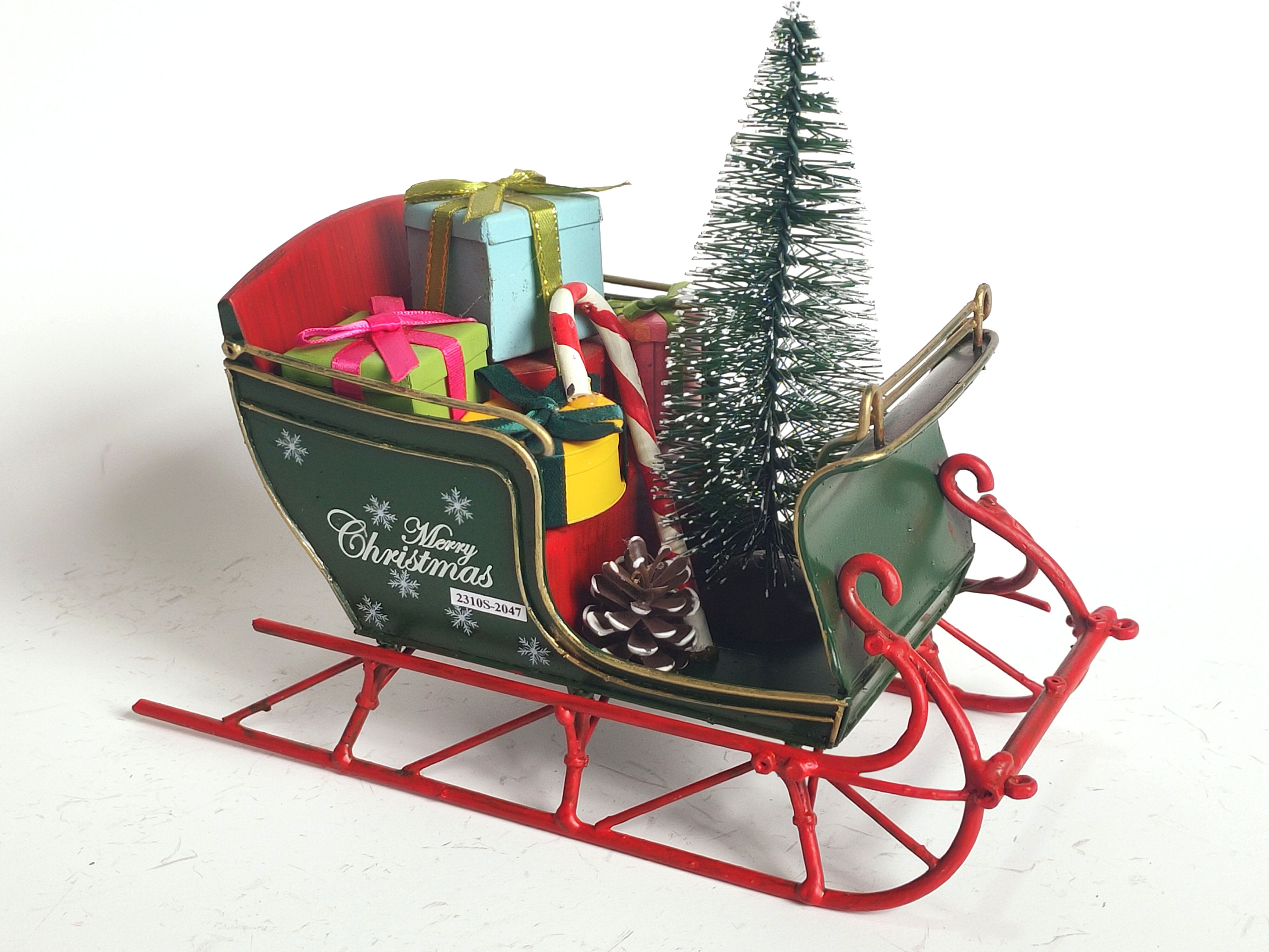 Small Vintage Metal Santa's Sleigh with Tree and Presents - Christmas Decoration - Red & Green