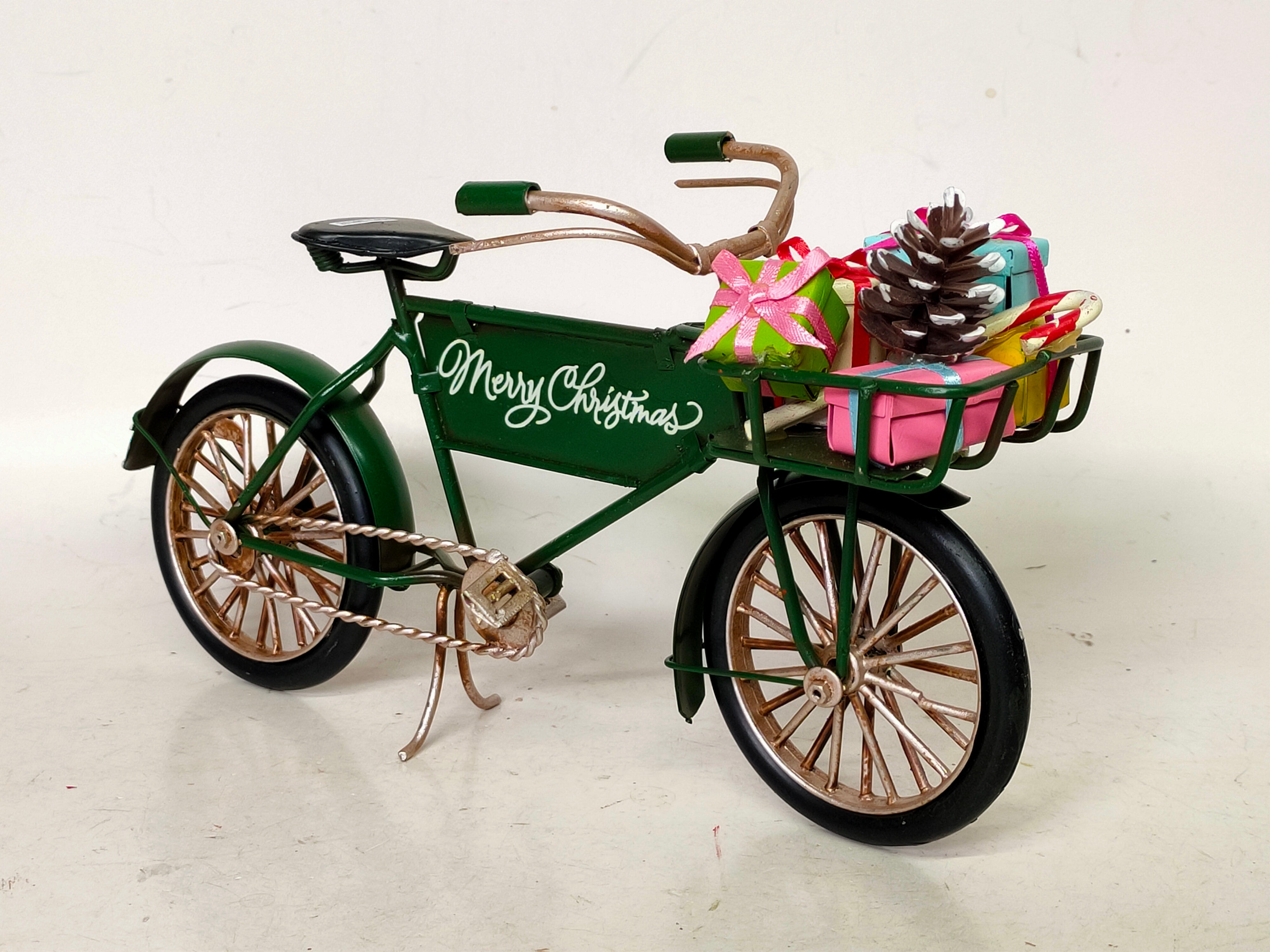 Vintage Christmas Bicycle Decoration with Gifts | Green Metal Bike with Holiday Basket