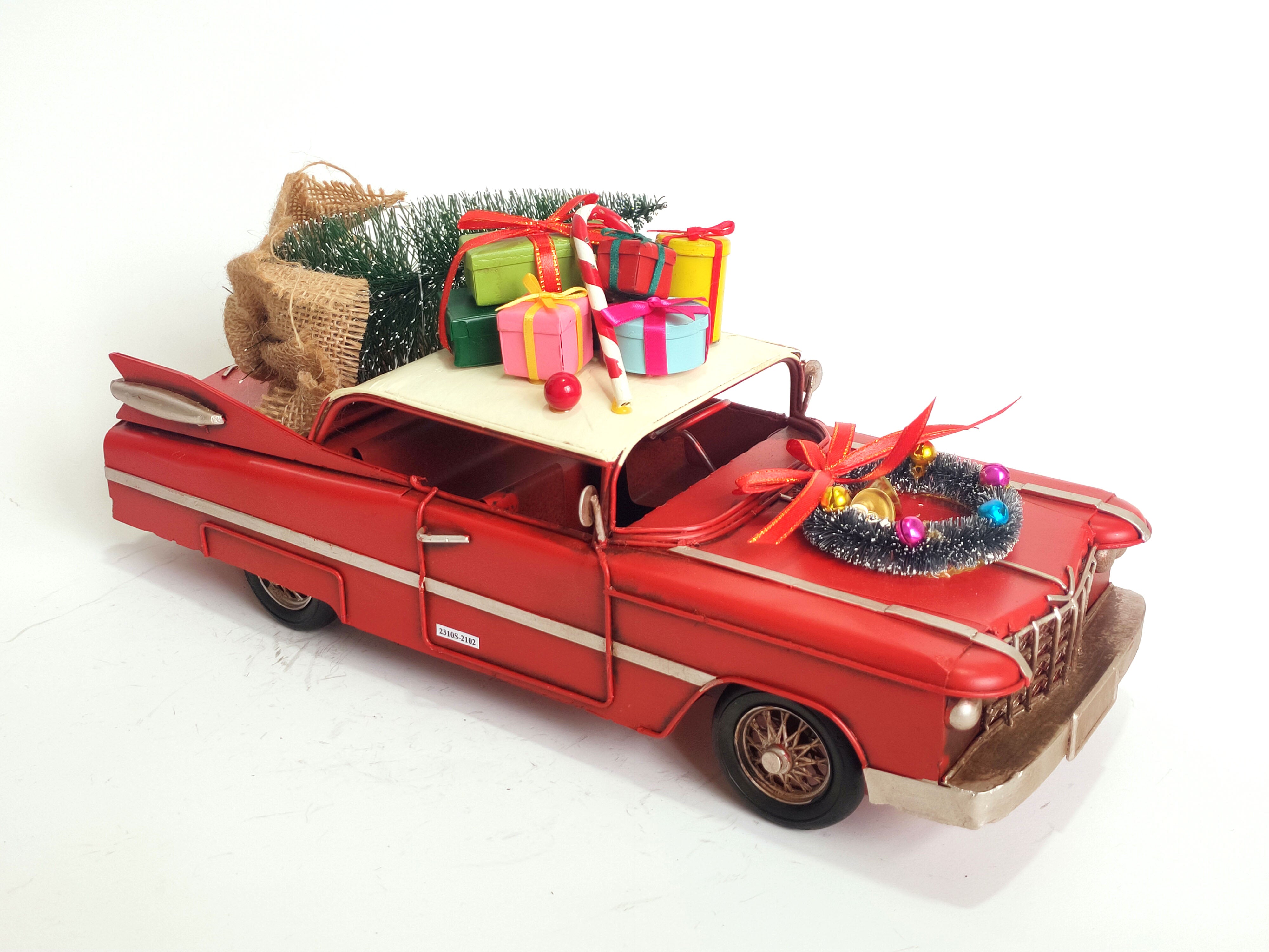 Vintage Handmade Festive Metal Car with Christmas