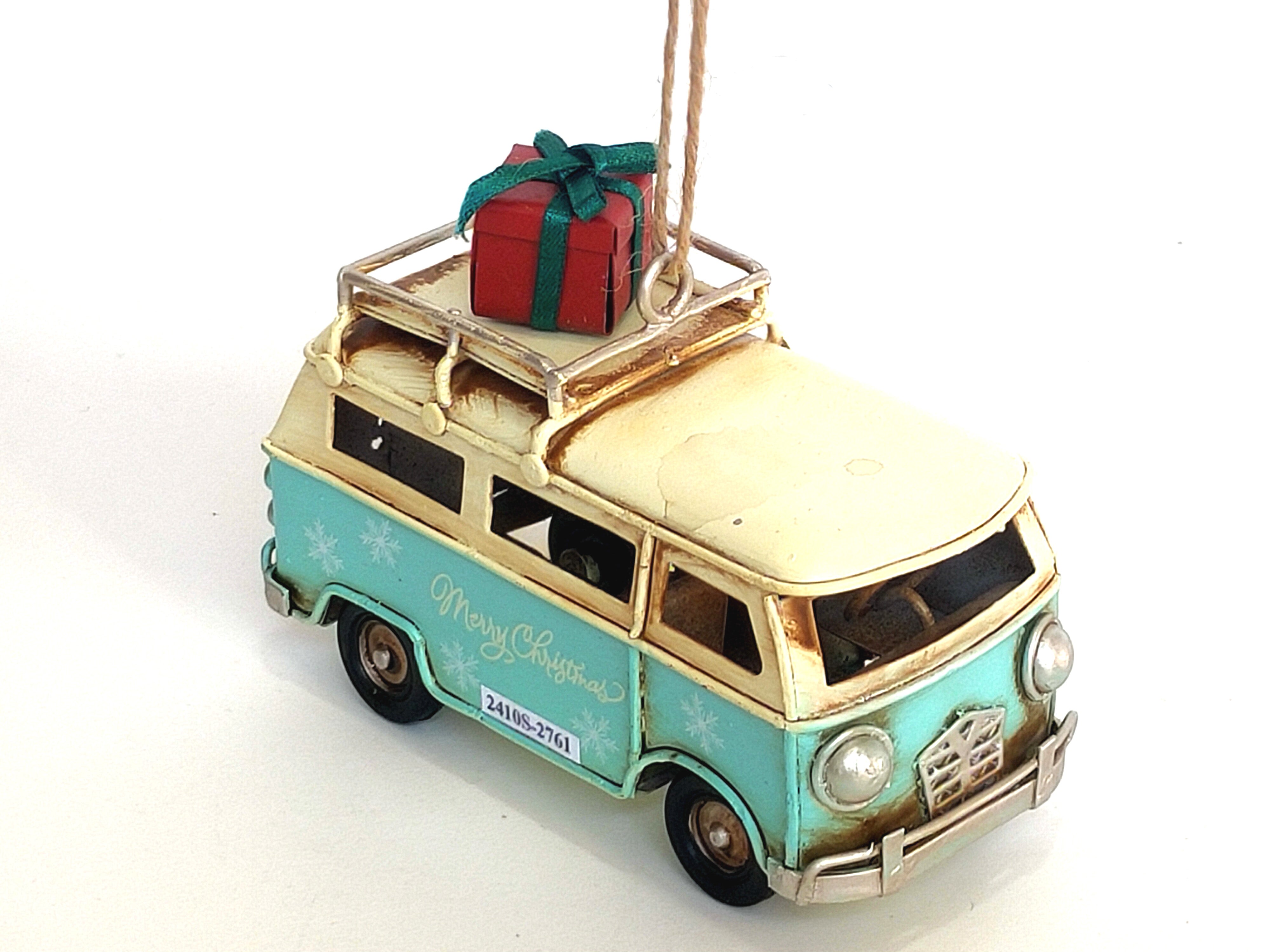 Vintage Metal Bus Christmas Tree Ornament Blue & Red