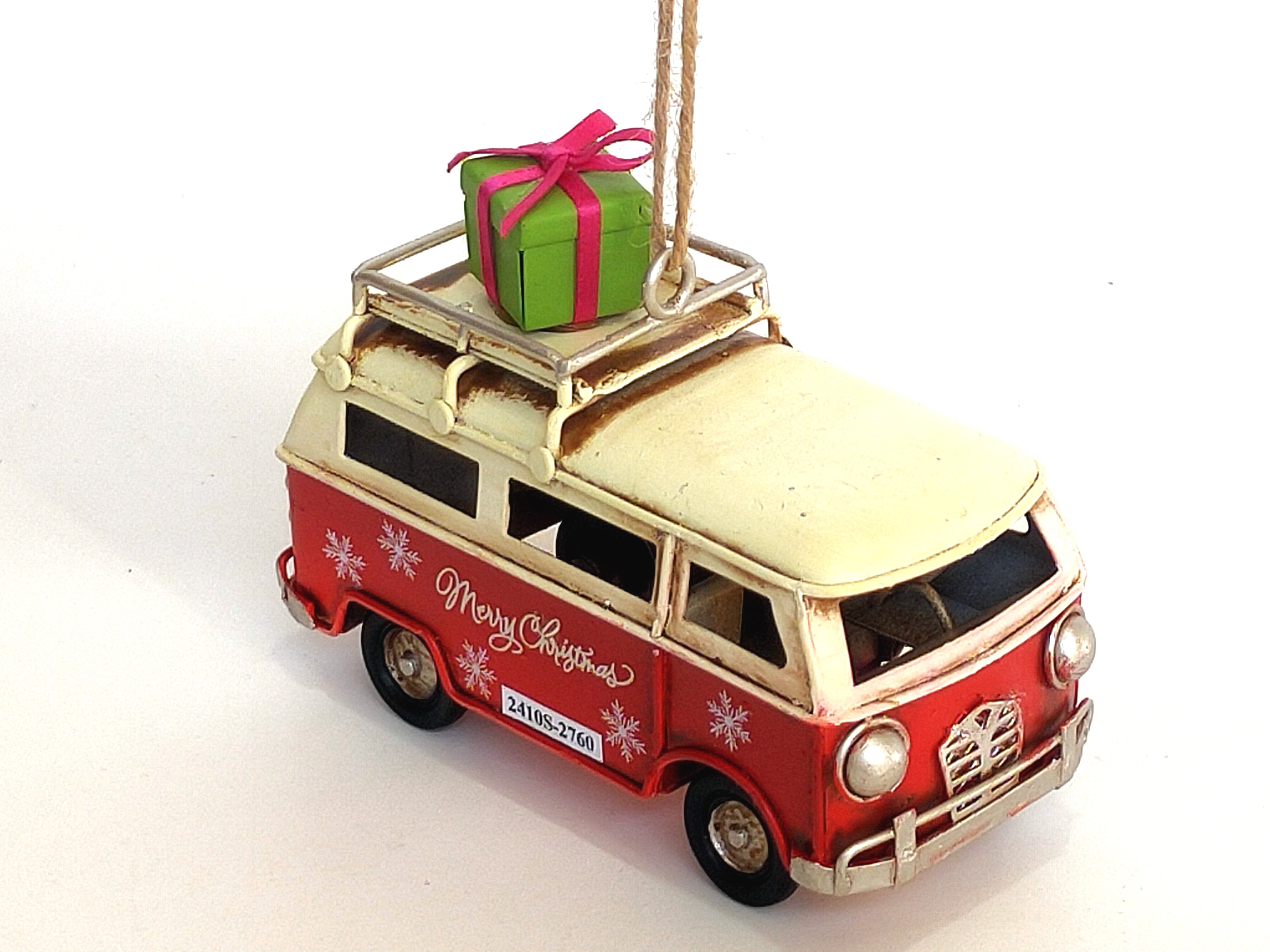 Vintage Metal Bus Christmas Tree Ornament Blue & Red
