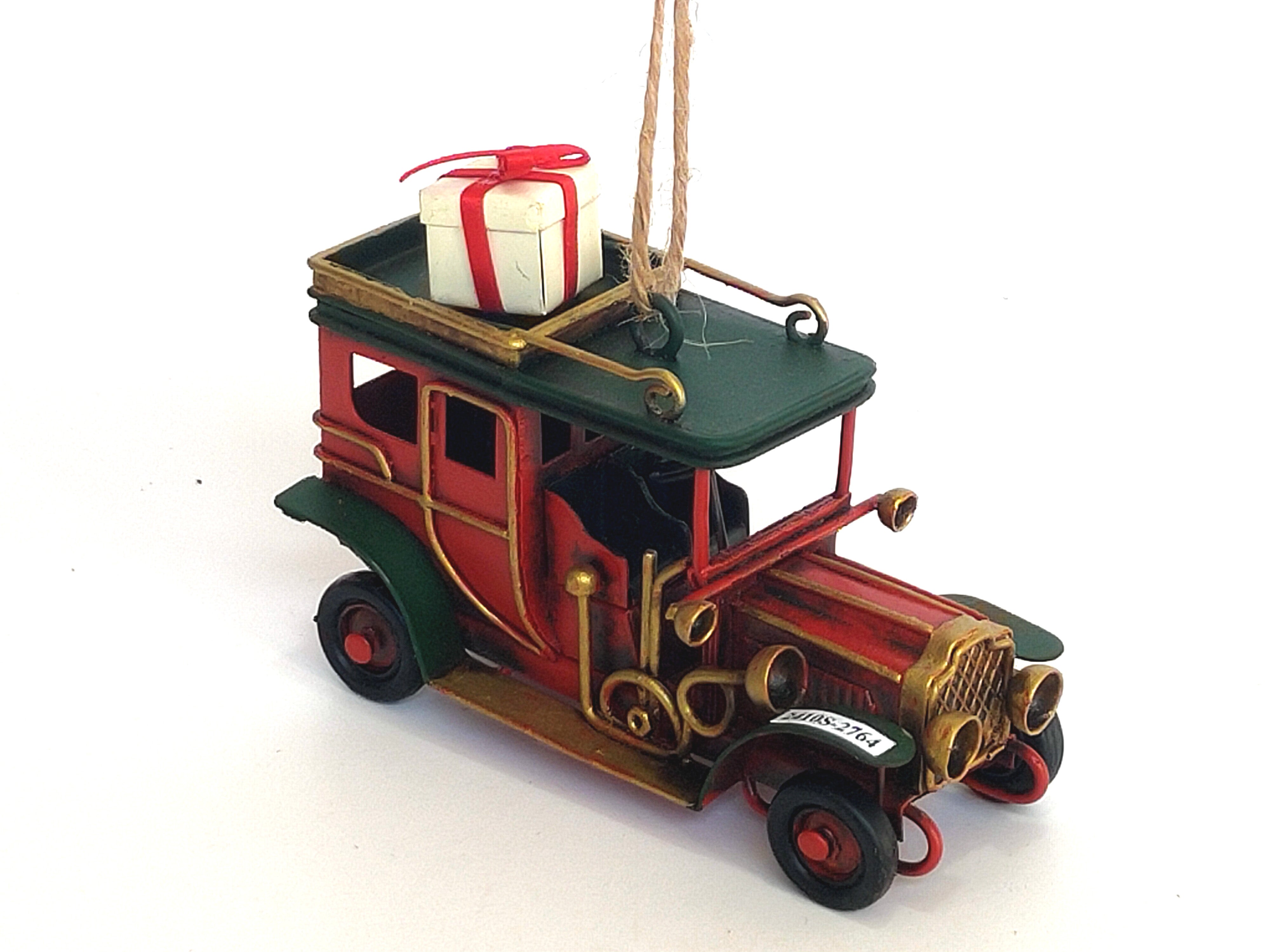 Vintage Metal Car Christmas Tree Ornament Green & Red