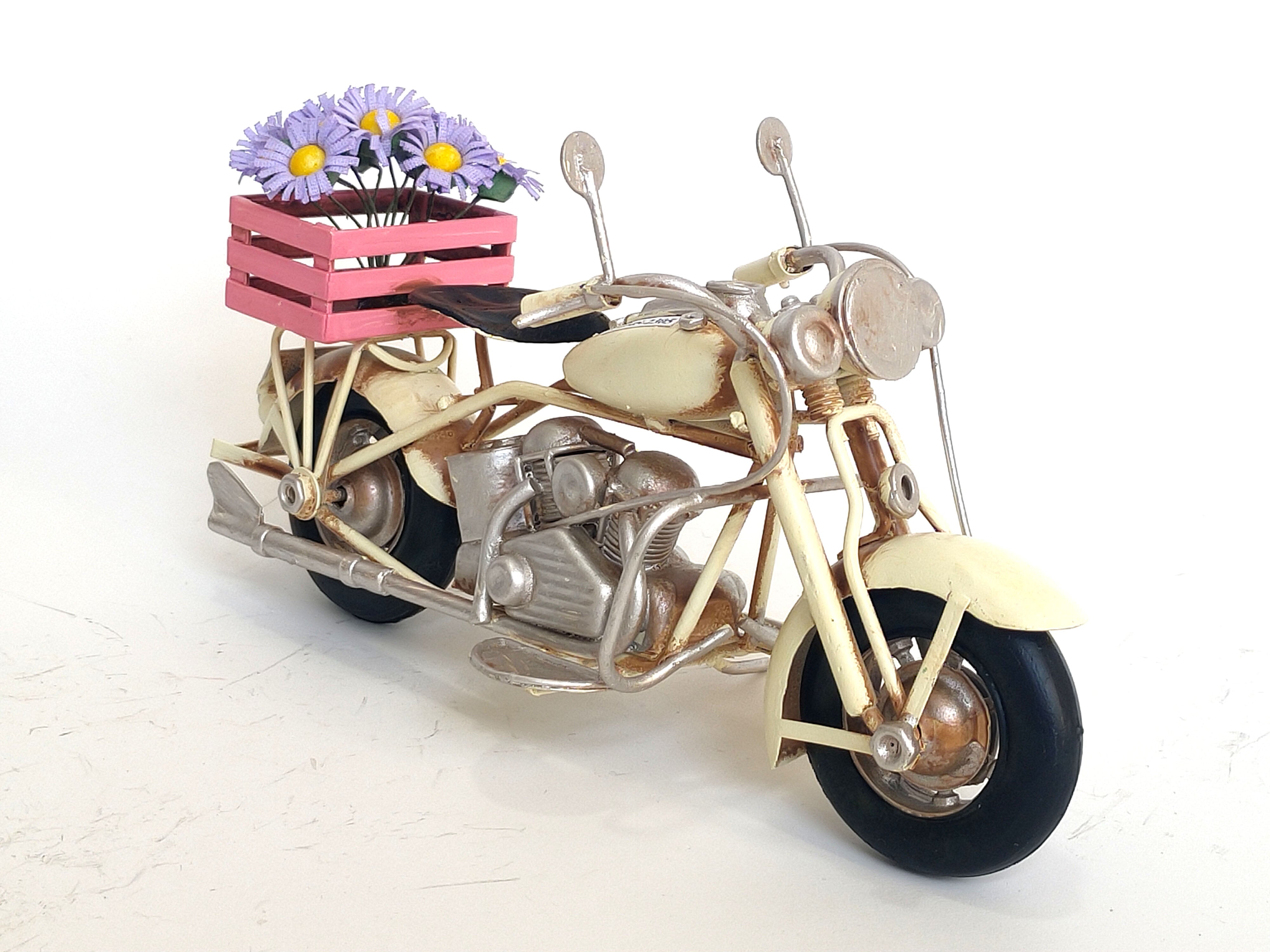 Vintage Metal Motorcycle with Flowers -Cream