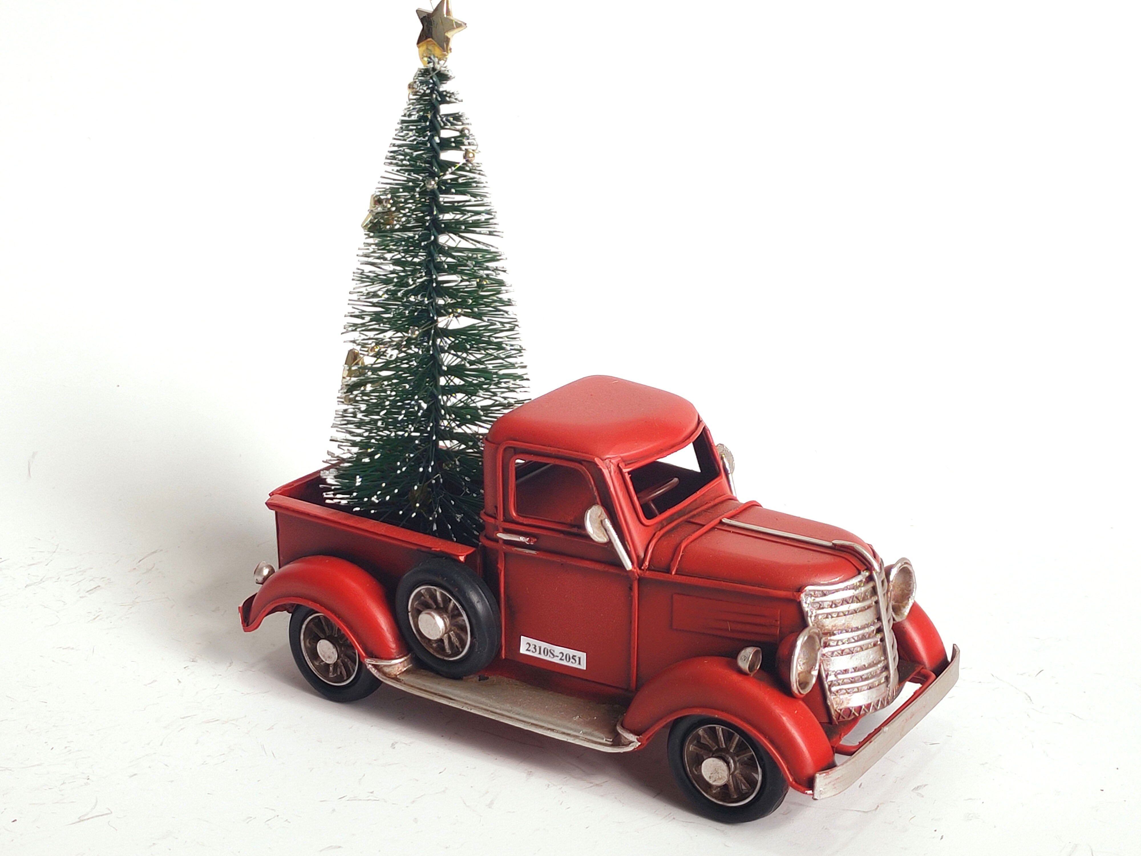 Vintage Metal Ute with Christmas Tree in Back Christmas Decoration Red