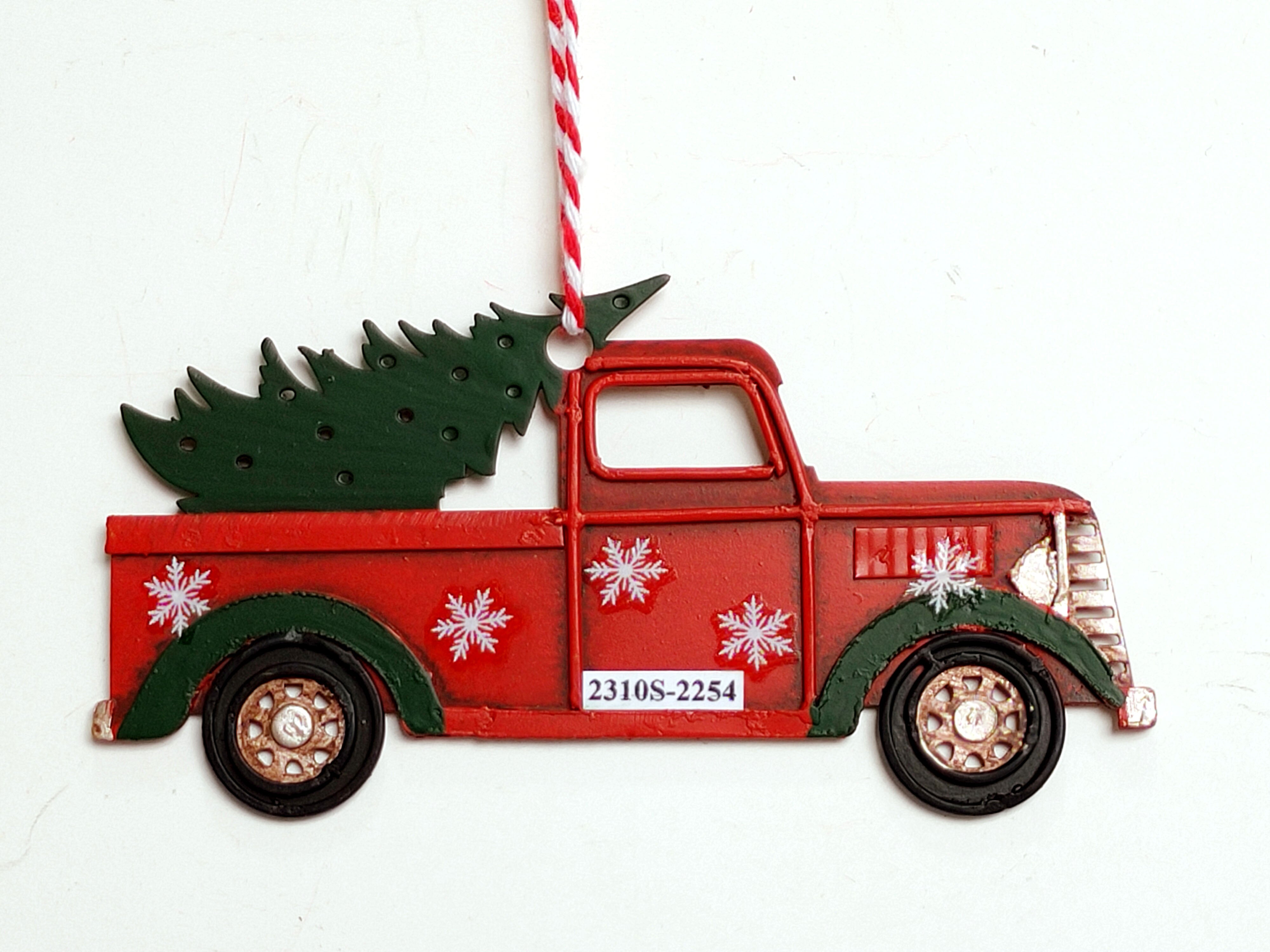Vintage Metal Ute with Christmas Tree in Back Christmas Tree Ornament White/Red