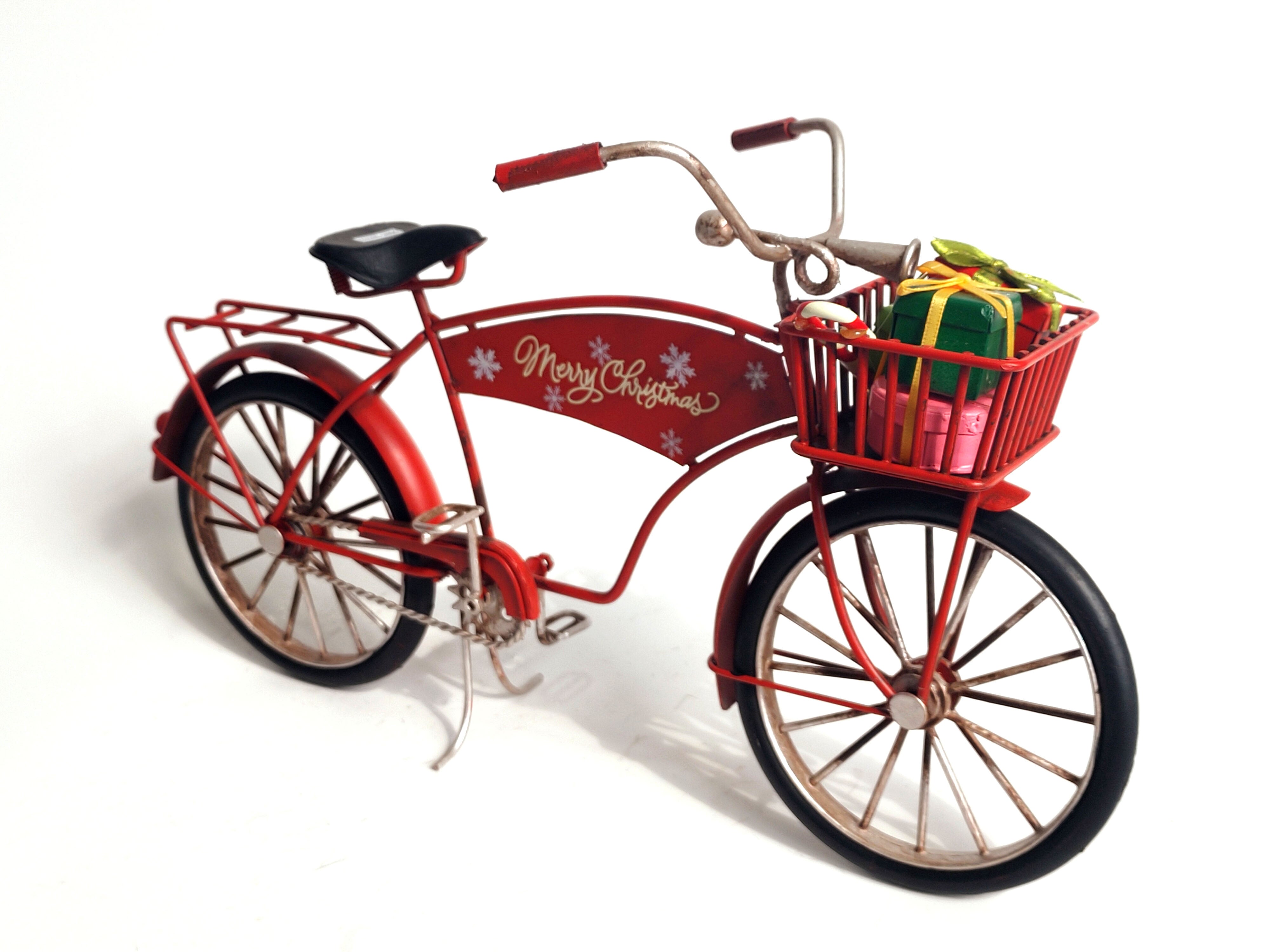 Vintage Red Bicycle with Christmas Gifts | Metal Holiday Tabletop Decor