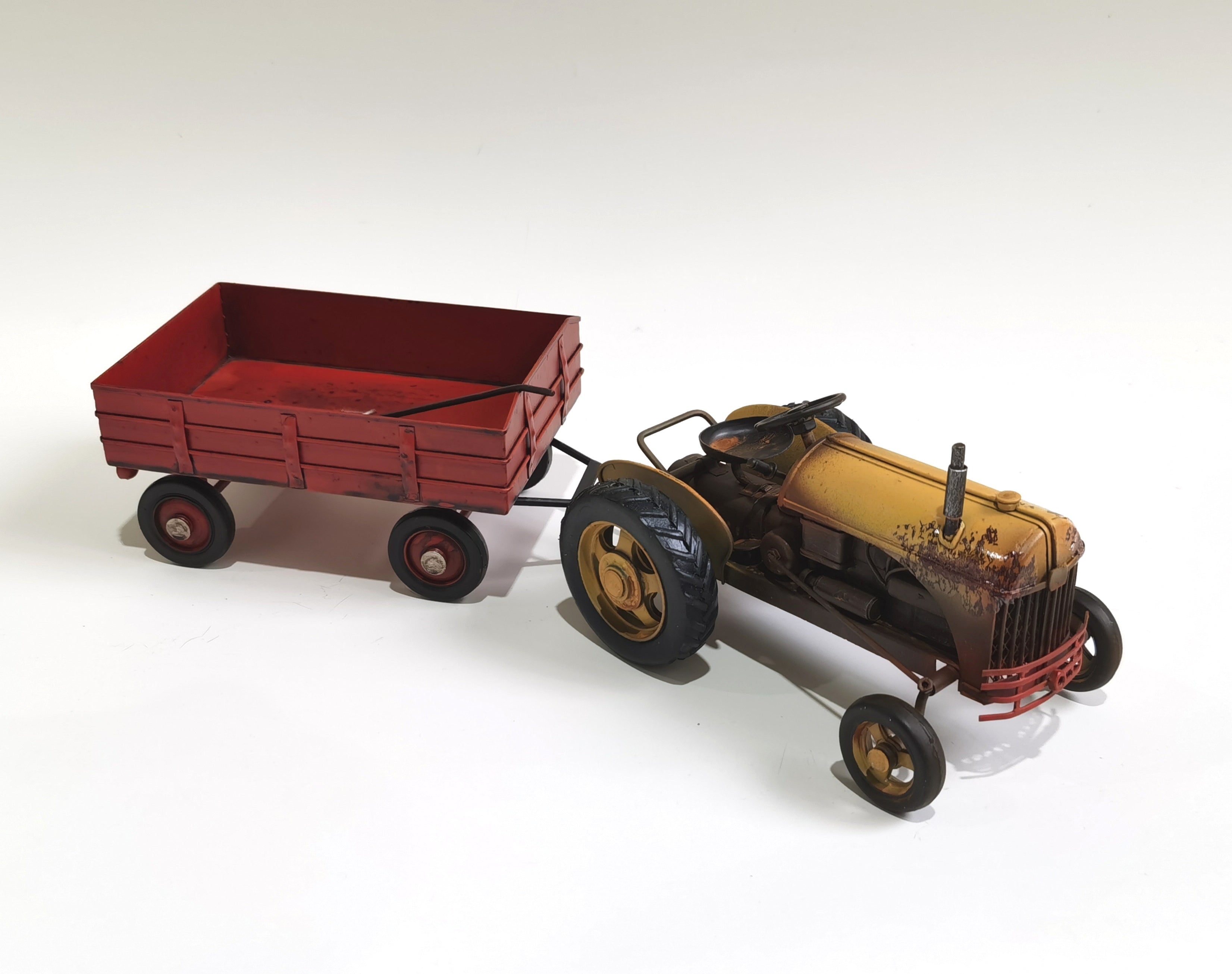 Vintage Yellow Metal Tractor with Green Farm Trailer – Handmade Collectible Display